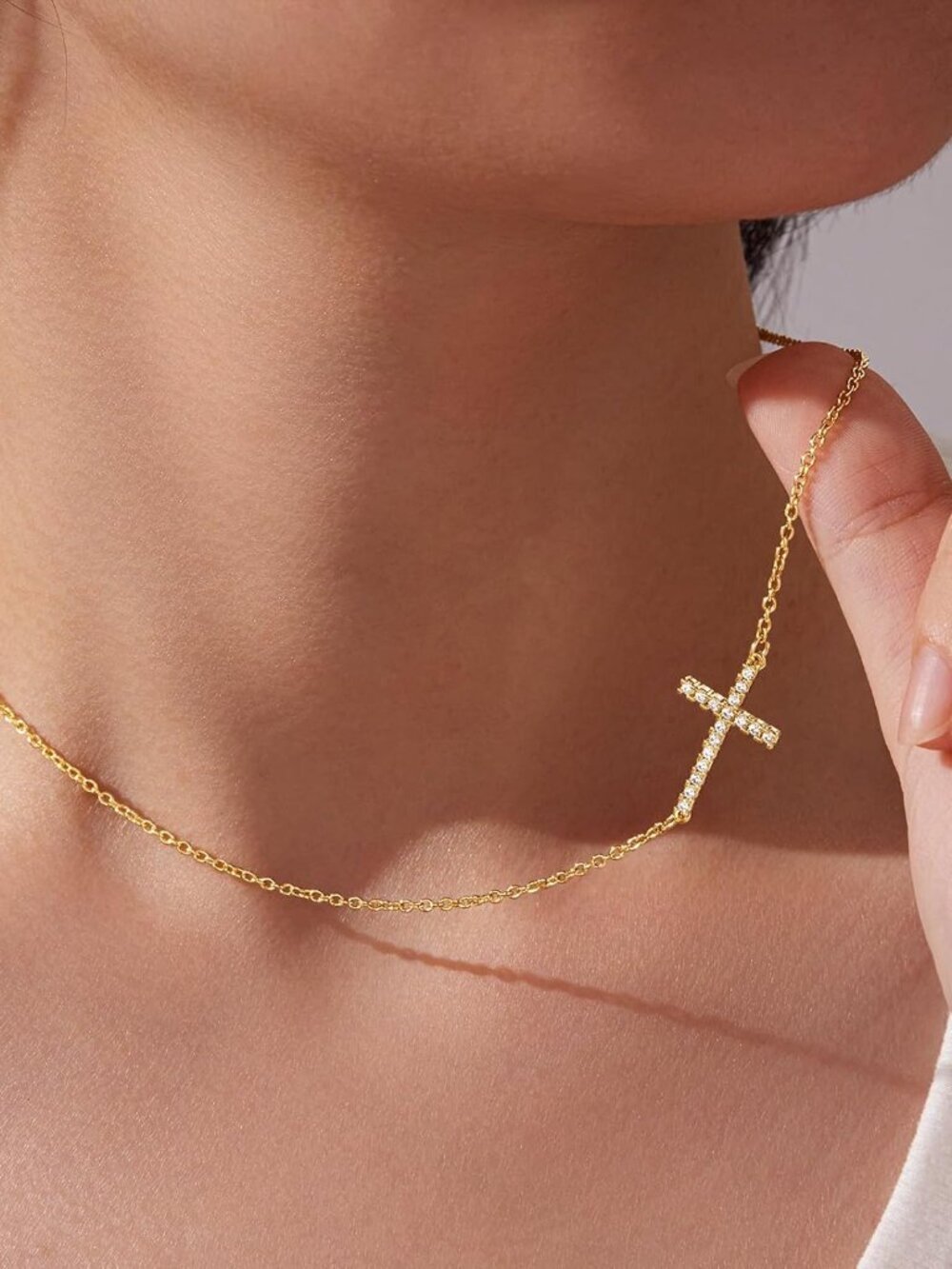 Cross Necklace for Women Teen Girls, Dainty 14K Gold Silver Plated Cross Choker - Picture 2 of 9